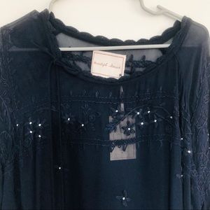 NWT Beautiful Stories Navy Sheer Long Sleeve Dress with “Crystals”, Tassel Tie